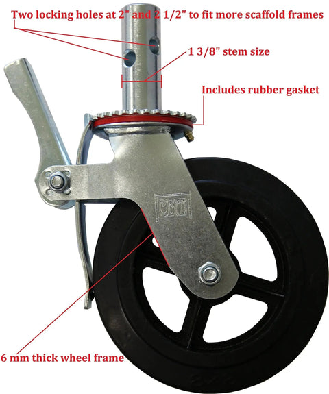 Side view of 8-inch caster wheel with cast iron hub, showing locking brake, two-hole mounting stem, and rubber gasket details.