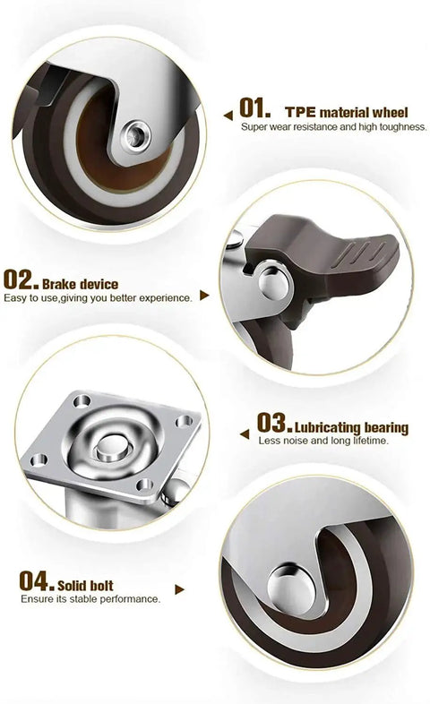 Detailed diagram of 1 Inch Small Caster Wheels With Two Brakes And Screws Low Profile Silent Casters Set Of 4 For Cart And Furniture