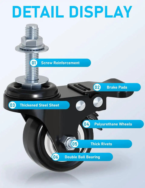 Detail view of Two Inch Swivel Caster Wheels Set Of Four Heavy Duty 440 Lb Capacity Silent Noiseless Rolling with labeled features