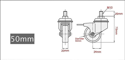 Technical drawing of 2 Inch Heavy Duty Caster Wheels Set Of 4 With 2 Brakes And Bolts Up To 440 Lbs Each Quiet Rubberized Trolley Or Pallet Castors.