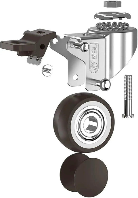 Exploded view of 1-Inch Small Caster Wheels with 2 Brakes, Low-Profile Silent Cart Casters, 90 lb capacity, M8x20mm screws included.