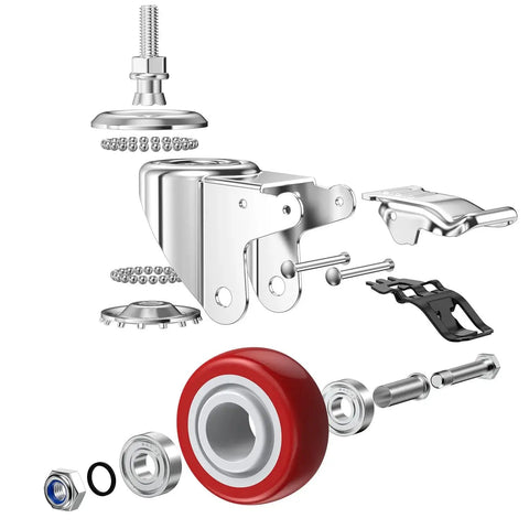 Exploded view of Three Inch Heavy Duty Stem Casters 360 Degree Swivel Durable PVC Wheels With Three Eighths Inch By Sixteen Threads Per Inch One Inch Length Dual Safety Locks And Bearings Easy To Install For Furniture And DIY Tools, showing components including red PVC tire, bearings, and steel parts.