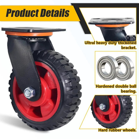 Close-up of Six Inch Caster Wheels Set With Two Swivel And Two Fixed Heavy Duty Swivel Plate Casters Knobby Rubber Tread