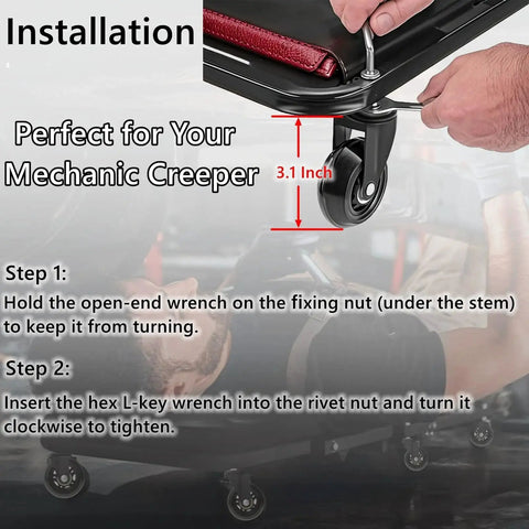 Installation of 2.5 Inch Caster Wheels Set Of 6 For Creeper And Mechanic Stool Heavy Duty Rubber Rolling Casters With 360 Degree Silent Rotation Replacement Wheels For Garage Seat Includes Tools For Easy Assembly