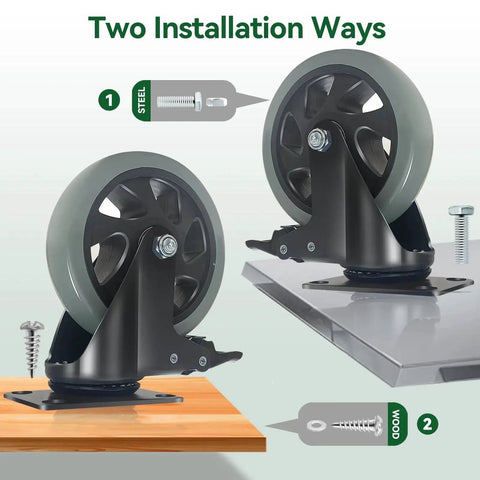 5 Inch Heavy Duty Caster Wheels Set Of 4 With Brakes, Silent Swivel Top Plate Locking Casters, Grey Polyurethane Casters installation