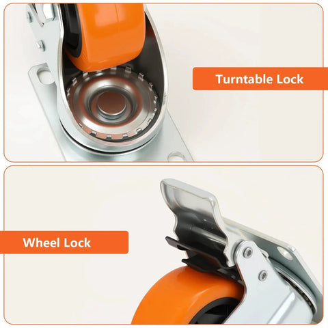 Close-up of 3-Inch Caster Set 4 Pieces With Brake And Fixed Wheel Combination For Mobile Metal Racks Carts, showing wheel locks.