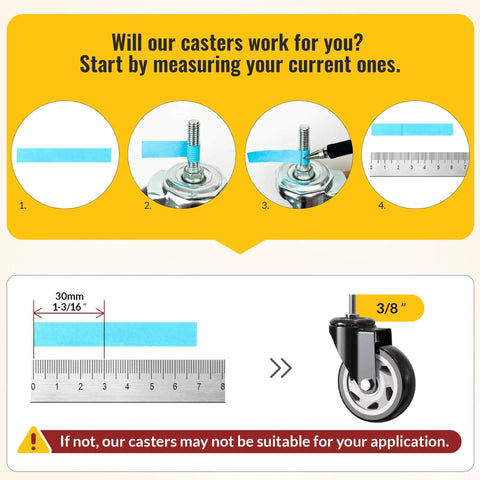Measurement guide for installing 4 Inch Caster Wheels No Brake Stem Casters Set of 4 Heavy Duty Swivel Castors with 3/8 Inch stem.