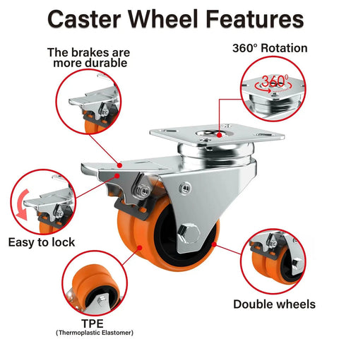 Image showing features of Two Wheel Casters Set Of Four Heavy Duty 2 Inch Orange TPE With Brake Double Wheel Swivel Plate Locking Castor Wheels