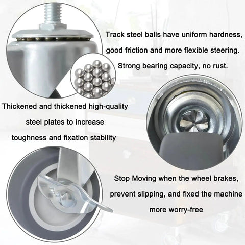 Close-up of Set Of Four 3 Inch Caster Wheels With Locking Brakes, Rubber Heavy Duty Casters, steel plates, and ball bearings.