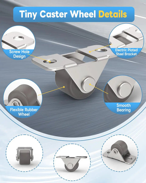 Diagram of Mini Low Profile 0.5 Inch Caster Wheels Self Adhesive And Screw Mounted Rubber Casters with detailed features labeled.