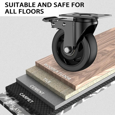 Heavy Duty 4 Inch Caster Wheels Set Of 4 With Brakes And Locking Swivel Plate Industrial Castors on different floor types