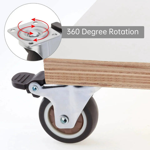 Close-up of 1.5 Inch Plate Swivel Caster Wheels Set Of 4 With Quiet Rubber Wheels And Locking Brakes, attached to wood panel