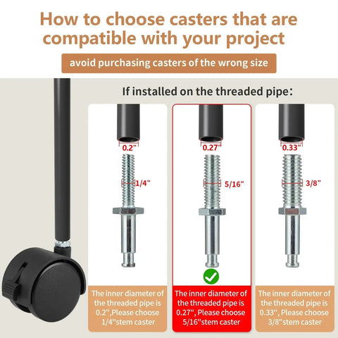 Diagram showing installation guide for 2 Inch Nylon Caster Wheels With Brake, 5/16-18 Threaded Stem UNC Coarse Thread, 4-pack.