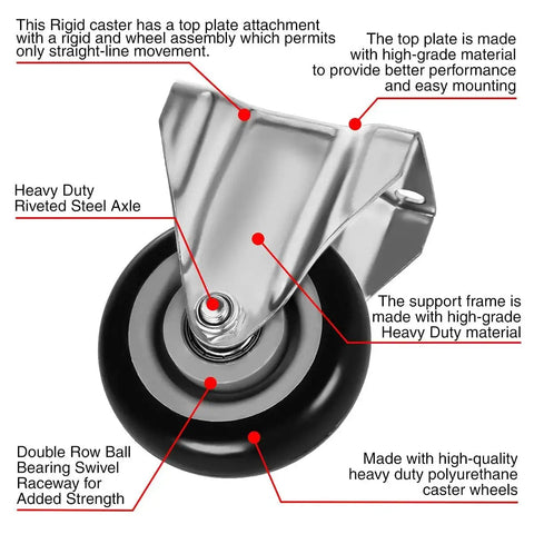 4 Pack 4 Inch Rigid Non-Swivel Caster Wheels With Top Plate Hardware Kit Black Polyurethane Wheels for Stationary Furniture Straight Line Movement