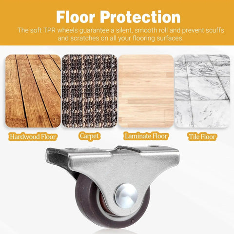 16 Pack Mini 1 Inch Rigid Caster Wheels Set With Iron Top Plate And TPR Wheels shown on hardwood, carpet, laminate, tile floors.