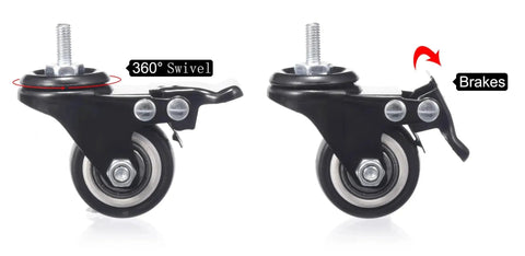 1.5 Inch Caster Wheels Set Of 4 Heavy Duty Swivel Casters With Brakes M6 X 15mm Threaded Stem PU Non Marring Wheels, side view