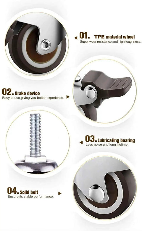 Close-up details of 1-Inch Small Caster Wheels With 2 Brakes, Low-Profile Silent Cart Casters, 90 Lb Capacity, M8x20mm Screws Included