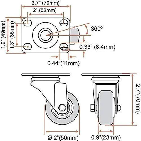 Technical diagram of 2 Inch Caster Wheels 12 Pack 6 Rigid Non Swivel Fixed Casters And 6 Swivel Plate Casters No Brake