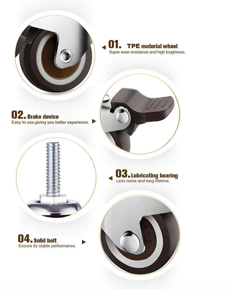 Components of 2 Inch Heavy Duty Caster Wheels Set Of 4 With 2 Brakes And Bolts Up To 440 Lbs Each Quiet Rubberized Trolley Or Pallet Castors.