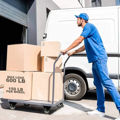 Person pushing cart with boxes using 4 Pack 2 Inch Caster Wheels With Dual Locking Brakes 2 Rigid Non Swivel Fixed And 2 Swivel With Brakes