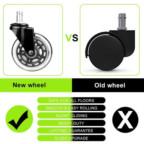 Comparison of new heavy duty replacement office chair caster wheel and old wheel; new wheel features soft PU rubber for all floors.