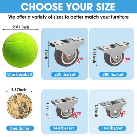 Fixed Caster Wheels Set With TPR Material Low Profile Rubber Casters Quiet Floor Friendly Polyurethane Wheels For Furniture Drawers