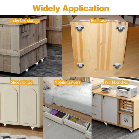 16 Pack Mini 1 Inch Rigid Caster Wheels Set With Iron Top Plate And TPR Wheels for furniture applications shown in use