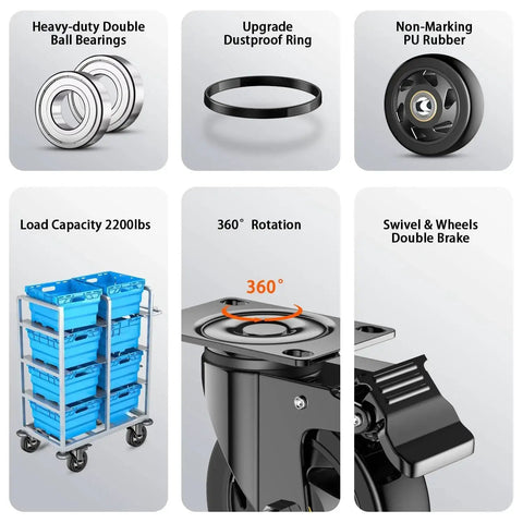 Heavy Duty 4 Inch Caster Wheels Set Of 4 With Brakes And Locking Swivel Plate Industrial Castors For Carts Furniture And Workbenches 2200lbs Capacity Includes Free Screws And Spanner Quiet Polyurethane Wheels components and features