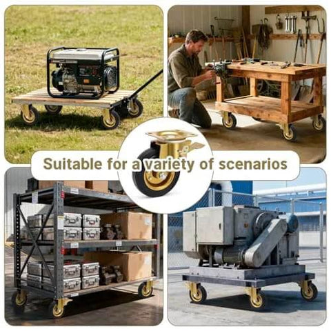 6 Inch Outdoor Heavy Duty Caster Wheels Set of 4 with Brake shown on carts, workbenches, and heavy equipment for various uses
