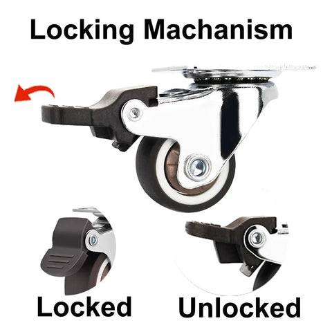 Side view of 1 Inch Low Profile Caster Wheels Set Of 4 With Two Brakes And Two Non Brake, showing locking mechanism labeled locked and unlocked.