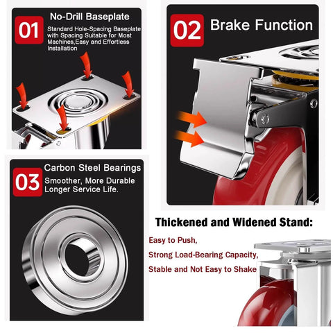 Close-up of the 4 Inch Heavy Duty Locking Caster Wheels Set of 4, featuring brake function, carbon steel bearings, and no-drill baseplate details.