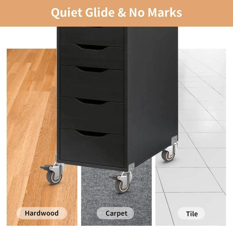 Black cabinet with 2 Inch L Shaped Swivel Plate Casters With Brakes, TPR Silent Furniture Wheels, suitable for various floors.