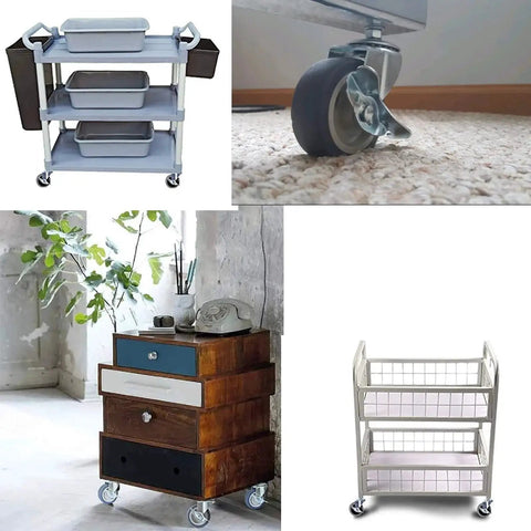 Set Of Four 3 Inch Caster Wheels With Locking Brakes installed on furniture and carts, rubber heavy duty casters for versatile use