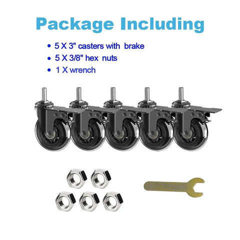Five Pack 3 Inch Caster Wheels With Safety Dual Locking Brakes Heavy Duty Rubber Castors On 360 Degree Swivel Threaded Stem Mount