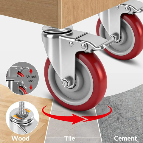 Five Inch Locking Swivel Caster Wheels Set Of Four With One Half Inch By Thirteen Threaded Stem And One And One Half Inch Length Heavy Duty Industrial Castors For Cart Furniture And Workbench Quiet Polyurethane Wheels With Brake Locks And Floor Protection