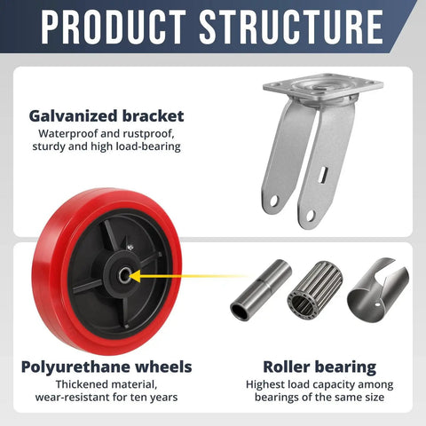 Image showing 8 Inch Industrial Caster Set Of 4 With Polyurethane On Polypropylene Wheels components, including bracket and bearings.