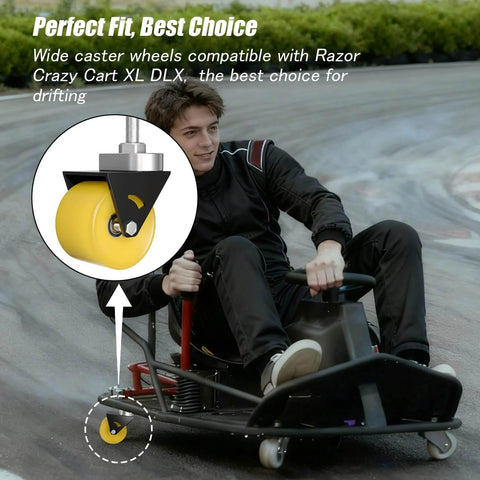 Upgrade Complete Caster Wheels Assembly Fit for Razor Crazy Cart XL DLX with 360° widen caster visible on electric kart