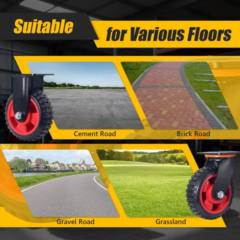 Six Inch Caster Wheels Set With Two Swivel And Two Fixed Heavy Duty Swivel Plate Casters Knobby Rubber Tread for various surfaces