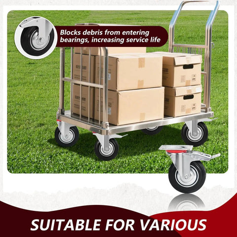 5 Inch Heavy Duty Caster Wheels Set Of 4 With Brakes on metal cart with boxes on grass