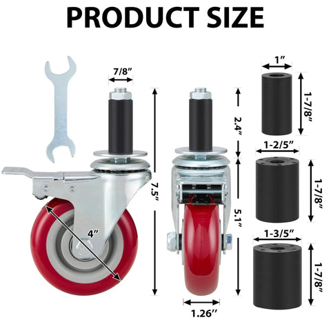 4 Inch Prep Table Caster Wheels Set Of 4, Heavy Duty Expanding Stem Casters For Stainless Steel Furniture Legs, Work Tables And Kitchen Benches, Fits Inner Diameters 7/8 In, 1 In, 1-1/2 In And 1-5/8 In, With Brakes, front view with size dimensions