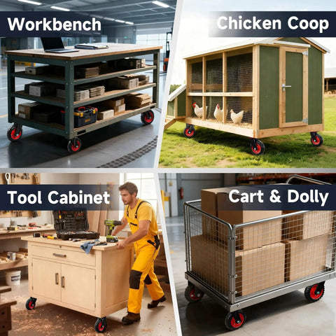 6 Inch Caster Wheels Set Of 4 With 2 Swivel And 2 Fixed Casters in use on workbench, chicken coop, tool cabinet, and cart dolly