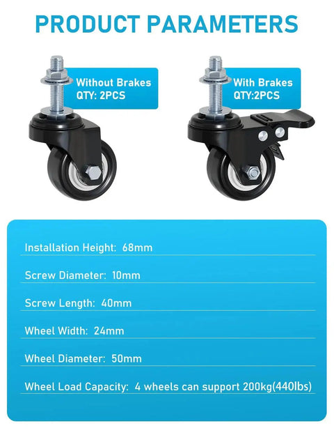 Two Inch Swivel Caster Wheels Set Of Four Heavy Duty 440 Lb Capacity Silent Noiseless Rolling With Polyurethane Wheels And M10x10 Screws Two Pack Locking Brakes Suitable For Indoor Carts Furniture And Utility Trolleys shown with product specifications.