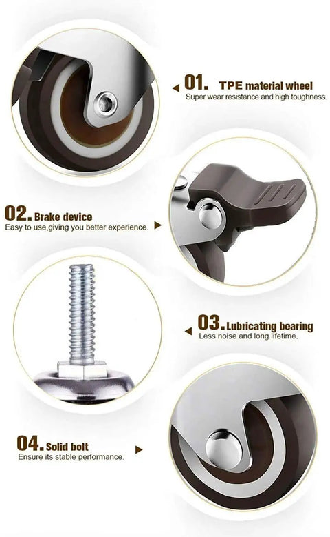 Diagram of 1 Inch Small Caster Wheels With 2 Brakes And Screws M6x15mm, 90 Lb Capacity, showcasing wheel, brake, bearing, bolt.