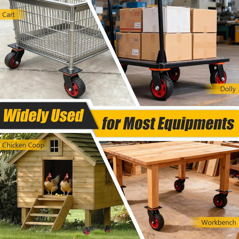 Six Inch Caster Wheels Set With Two Swivel And Two Fixed Heavy Duty Swivel Plate Casters Knobby Rubber Tread on carts, dolly, coop, and workbench