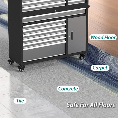 4 Inch Swivel Caster Wheels With Safety Total Lock And 360 Degree Rotation on various floor types under tool chest.