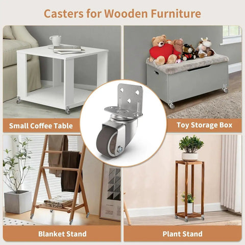 One Inch Small L Shaped Plate Casters Swivel Furniture Wheels silent TPR wear resistant with steel bracket for wooden coffee tables, toy storage boxes, blanket stands, and plant stands.