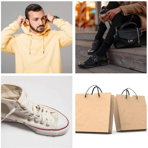 Collage of a man in a yellow hoodie, studded shoes with black bag, white high-top sneaker, and two brown shopping bags.