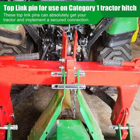 The Cat 1 Tractor Top Link Pin Hitch Replacement Fits 195589M1 AC339942 Three Quarter Inch Pin Diameter Three And Three Quarter Inch Usable Length Five And A Half Inch Overall Length Durable Four Pack installed on a tractor hitch, highlighting the pin connection.