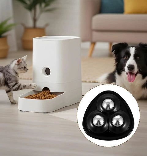 Pet food dispenser with white container and attached black adhesive caster wheels, 360 swivel, for easy installation.
