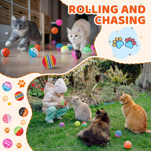 Cats playing with 300 Pcs Cat Balls Bulk Plastic Lattice Balls Colorful Assorted Pack Kitten Ball with Bells for Indoor Cat Stray Kitten to Chase Pounce Play outdoors.